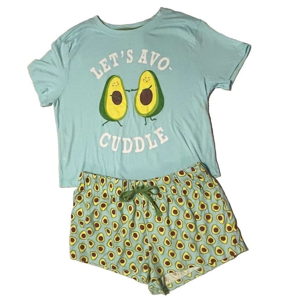 Forever 21 “Lets Avo Cuddle” Avocado Themed 2 Piece Pajama Set Shorts & Top Sz L